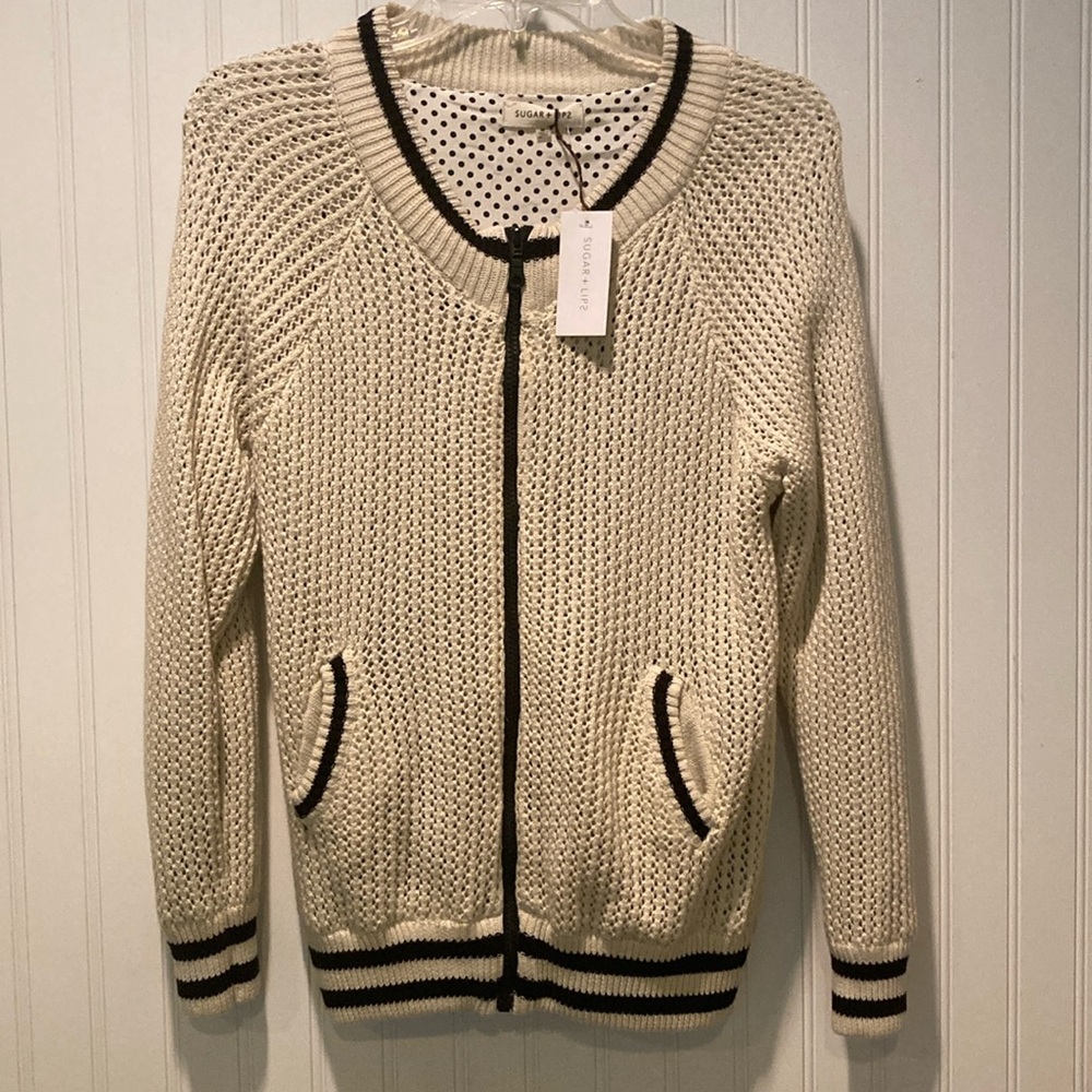 SugarLips Cream Zip-Front Knit Sweater with Black Trim and Polka Dot Lining